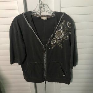 Miss Me Charcoal Gray Zip-Up Hoodie with Metallic Embroidery